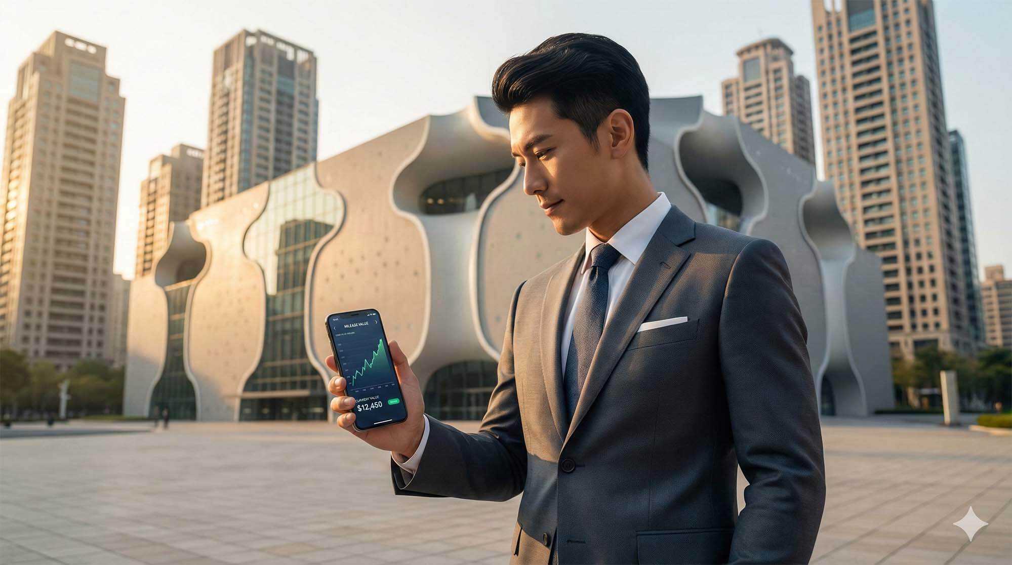 身穿西裝的商務人士站在台中歌劇院前，查看手機上的哩程價值走勢圖，象徵高效理財 / Businessman in a suit standing in front of the National Taichung Theater, checking mileage value chart on phone, symbolizing efficient finance.